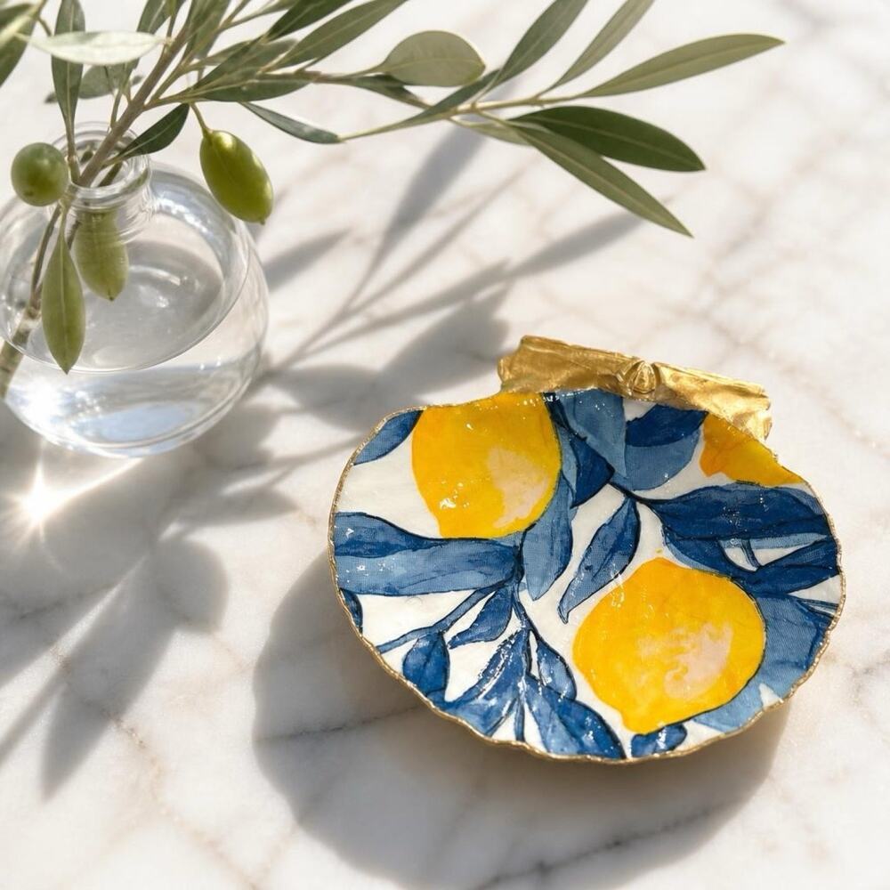 Italian Lemon Shell Trinket Dish | Blue Citrus Jewelry Dish | Gift for Her